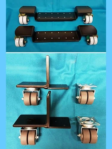 An image of two types of safety castor. A heel-toe castor and a cradle castor