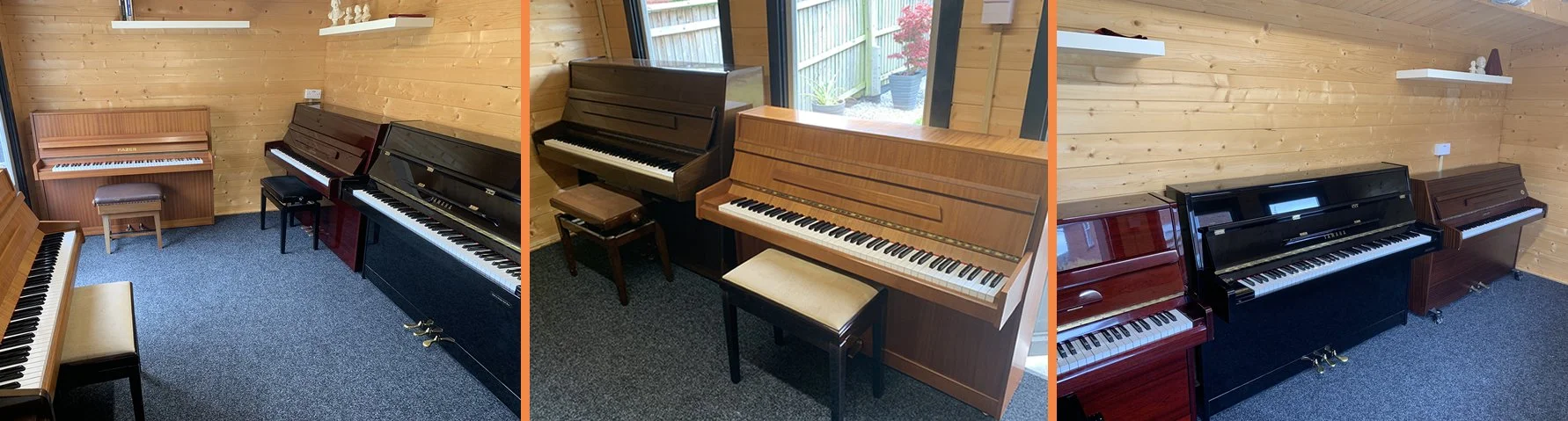 A combined image showing our Abergavenny showroom display of various modern upright pianos