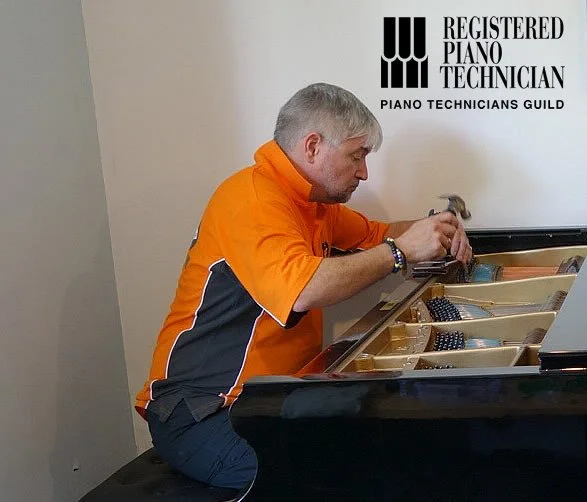 Chris Hacking pounding in tuning pins on a Bechstein boudoir grand piano as an accredited piano technician with the Piano Technician's Guild