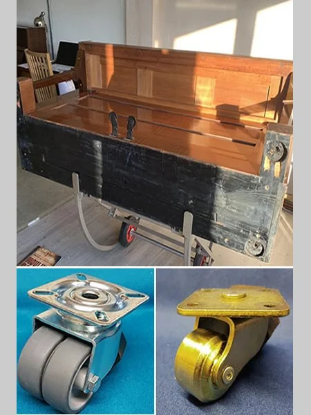 image of the bottom of a piano and a rybber twin wheel castor and a brass castor