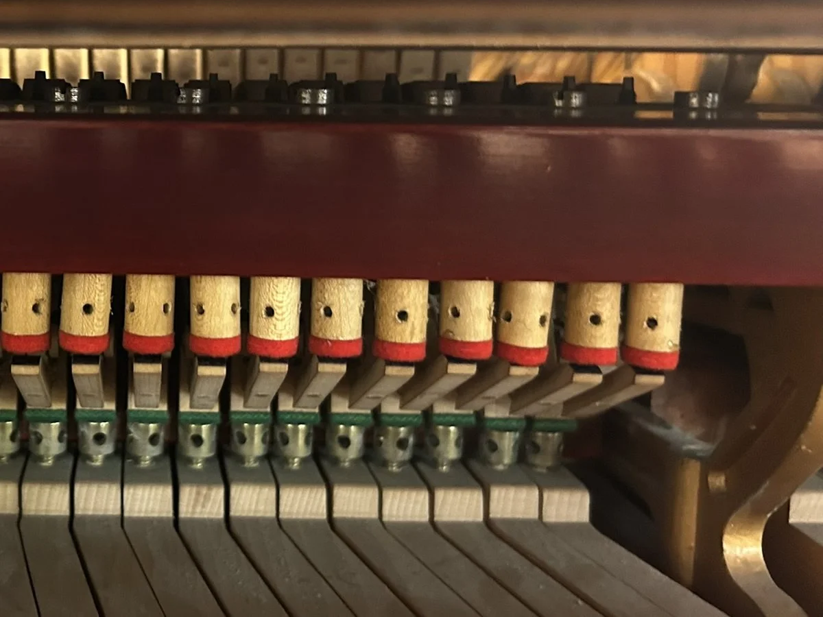 An image showing the set off buttons and jack heels of a grand piano, exposed, ready to be regulated