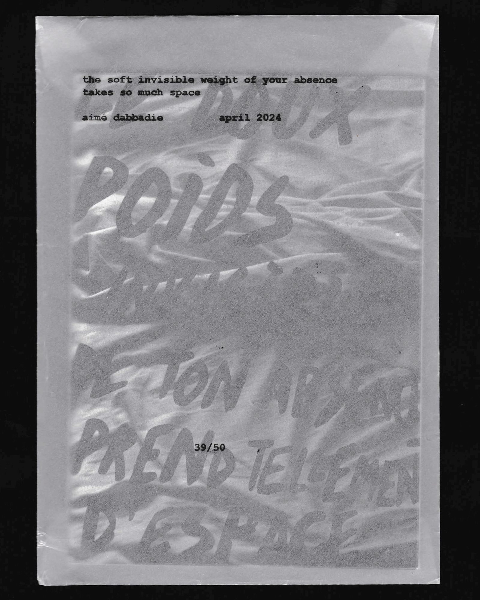 The soft invisible weight of your absence takes so much space (2022) - zine by Aimé Dabbadie