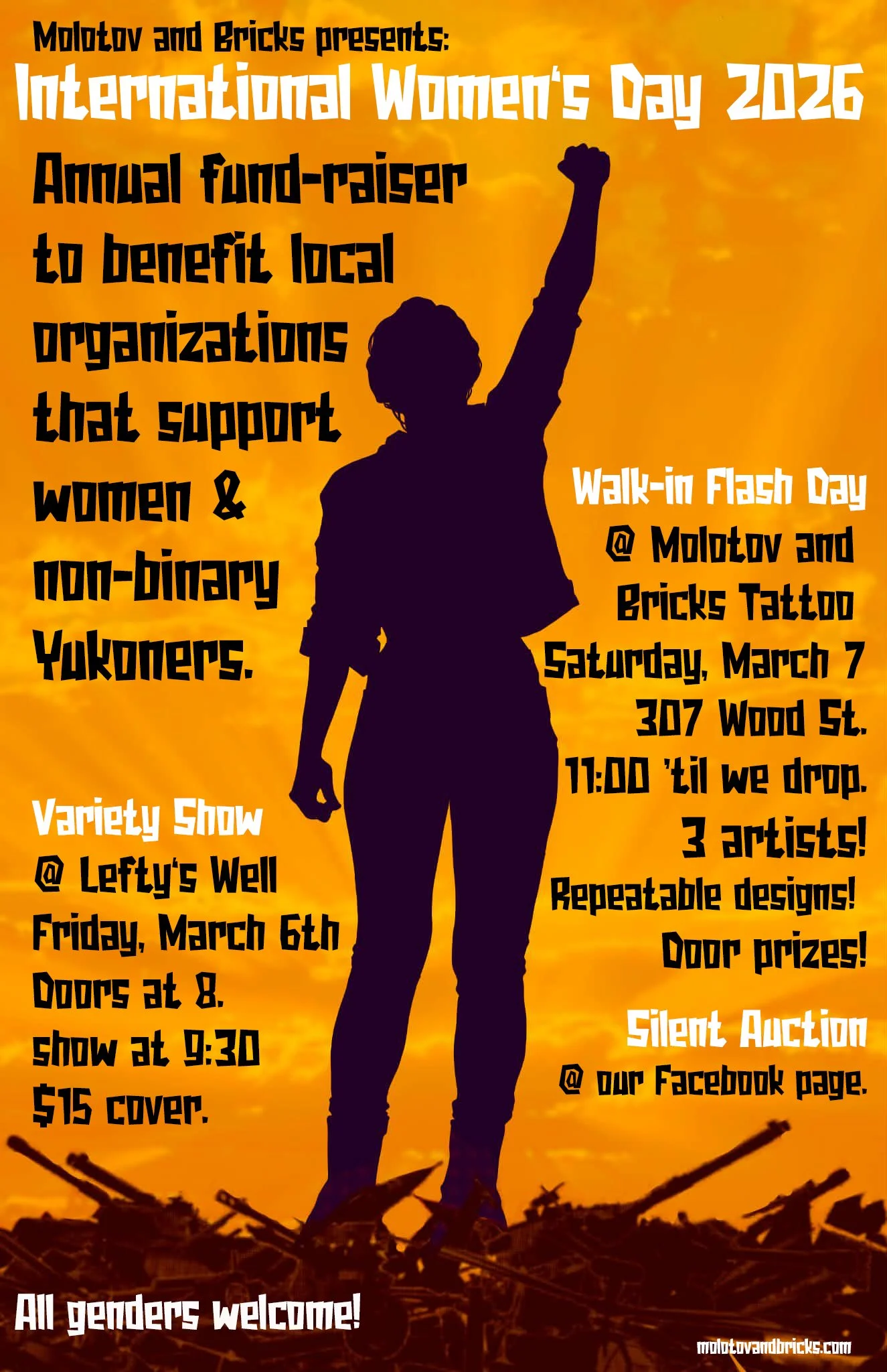 Event poster shows a silhouette of a woman standing in a pile of rubble with her fist in the air. The background is apocalyptic and the text includes details repeated on this page.