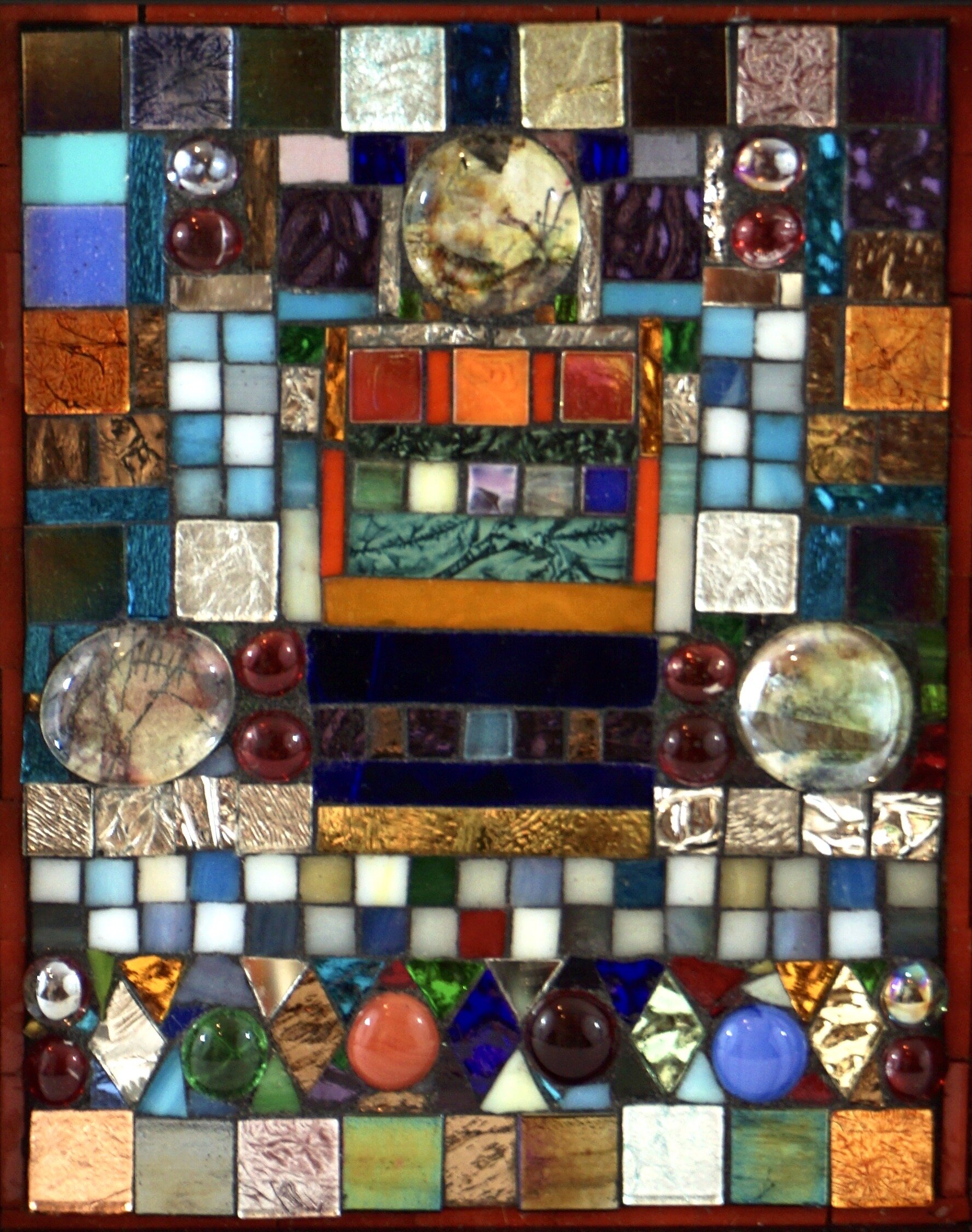 "Harlequin" - glass tiles, flat glass marbles, alcohol ink behind glass cabochon on glass