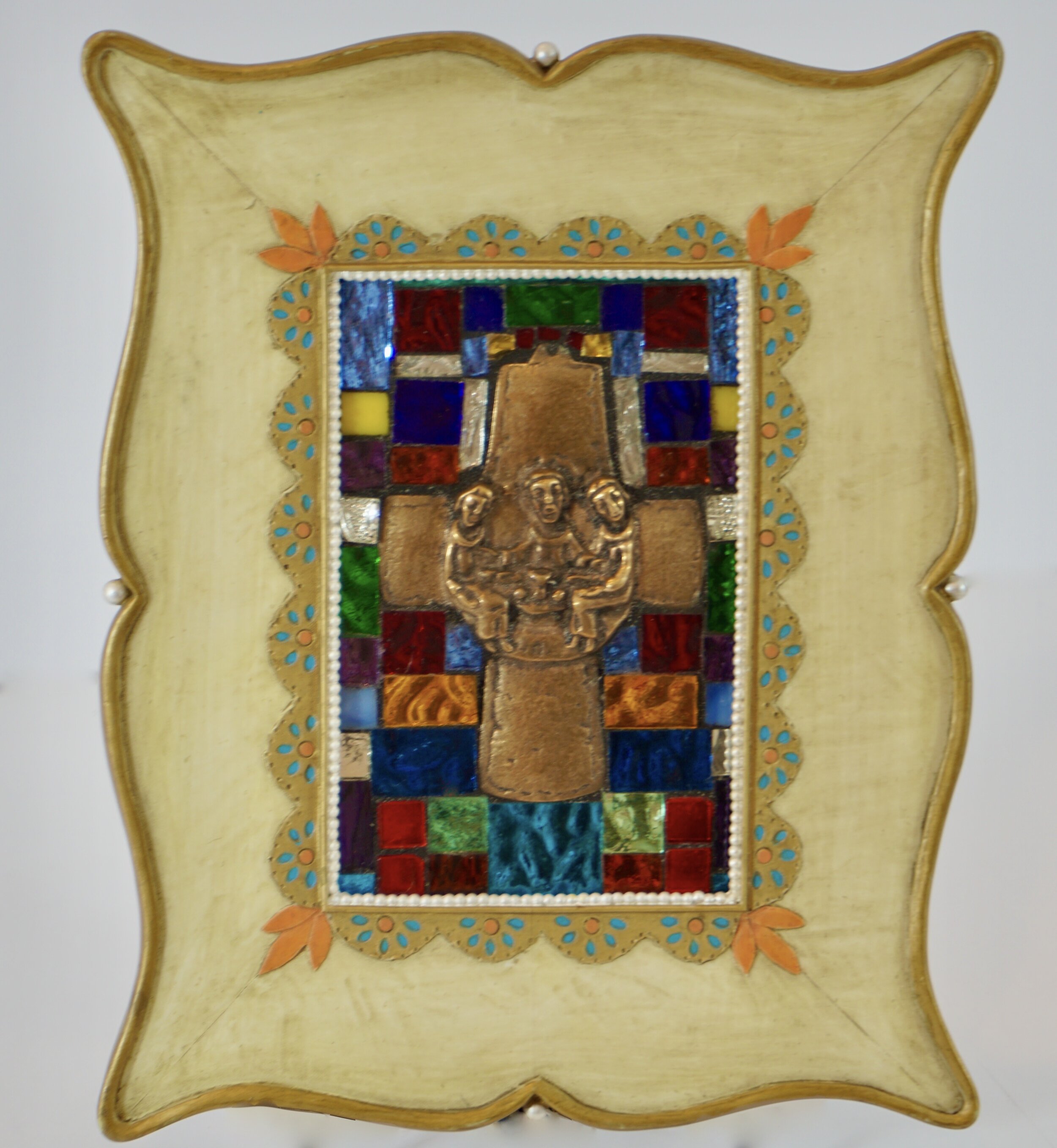 "Celtic Christ" - brass Irish cross, glass tiles, decorated frame