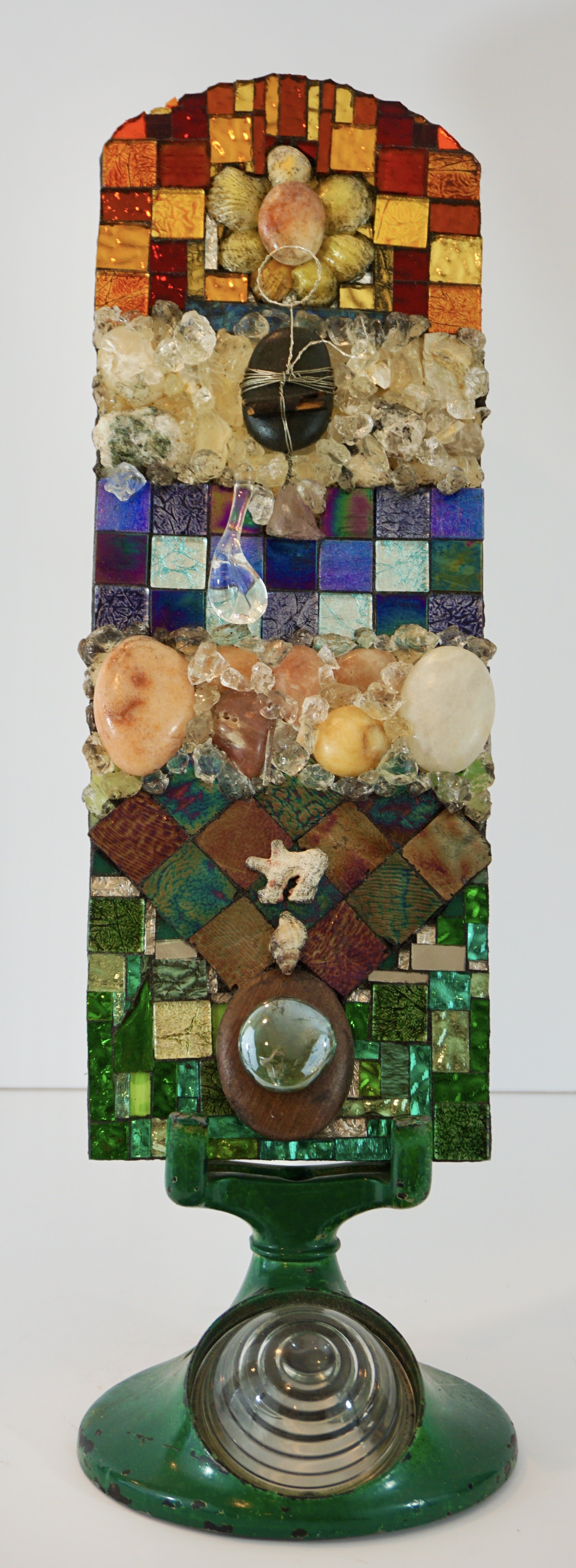 "Quintessence" - glass, shell, coral, stone, wood, wire panel on vintage phone stand