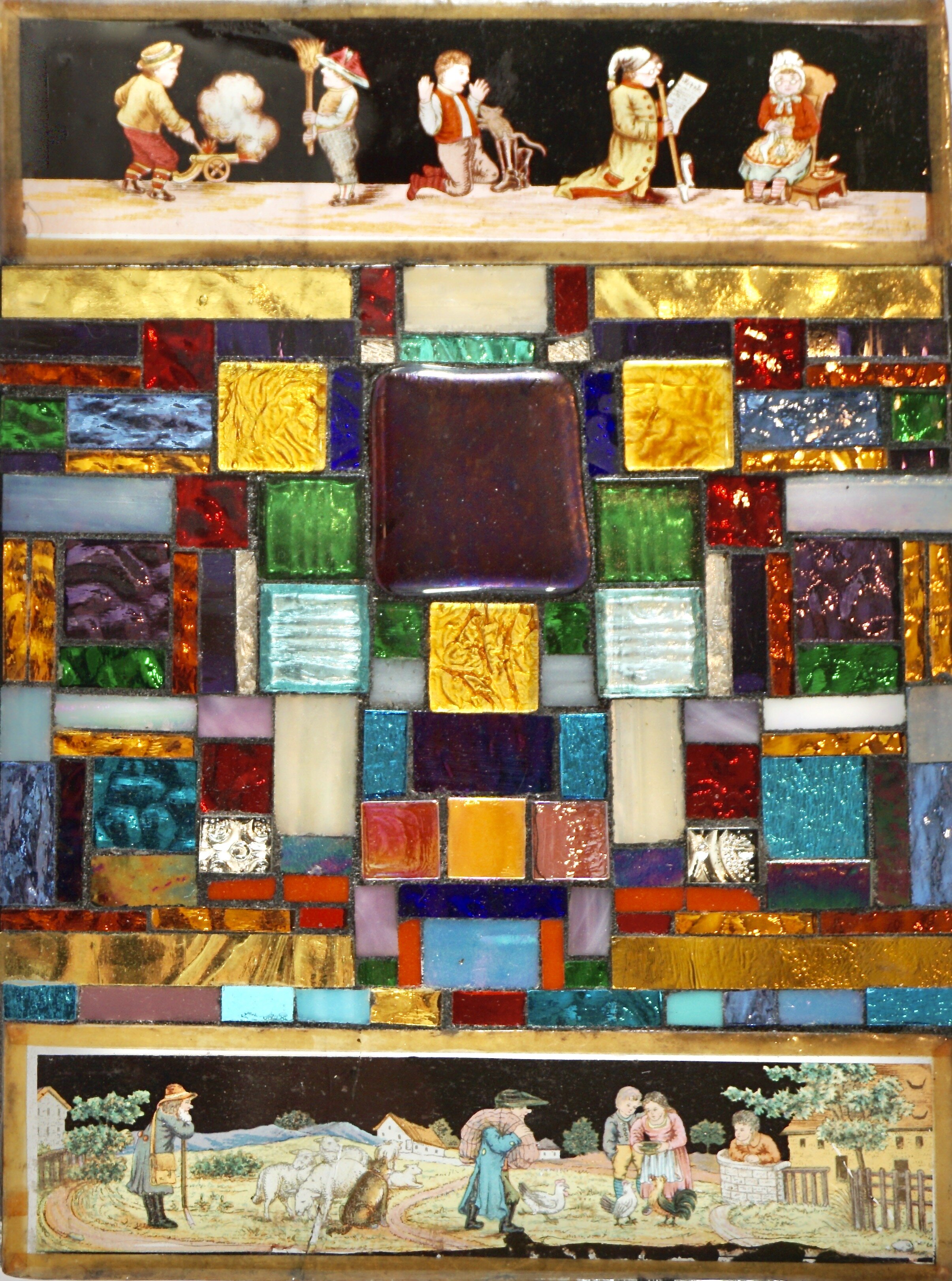 "Work & Play" - fused glass, magic lantern plates, glass tiles, resin on glass
