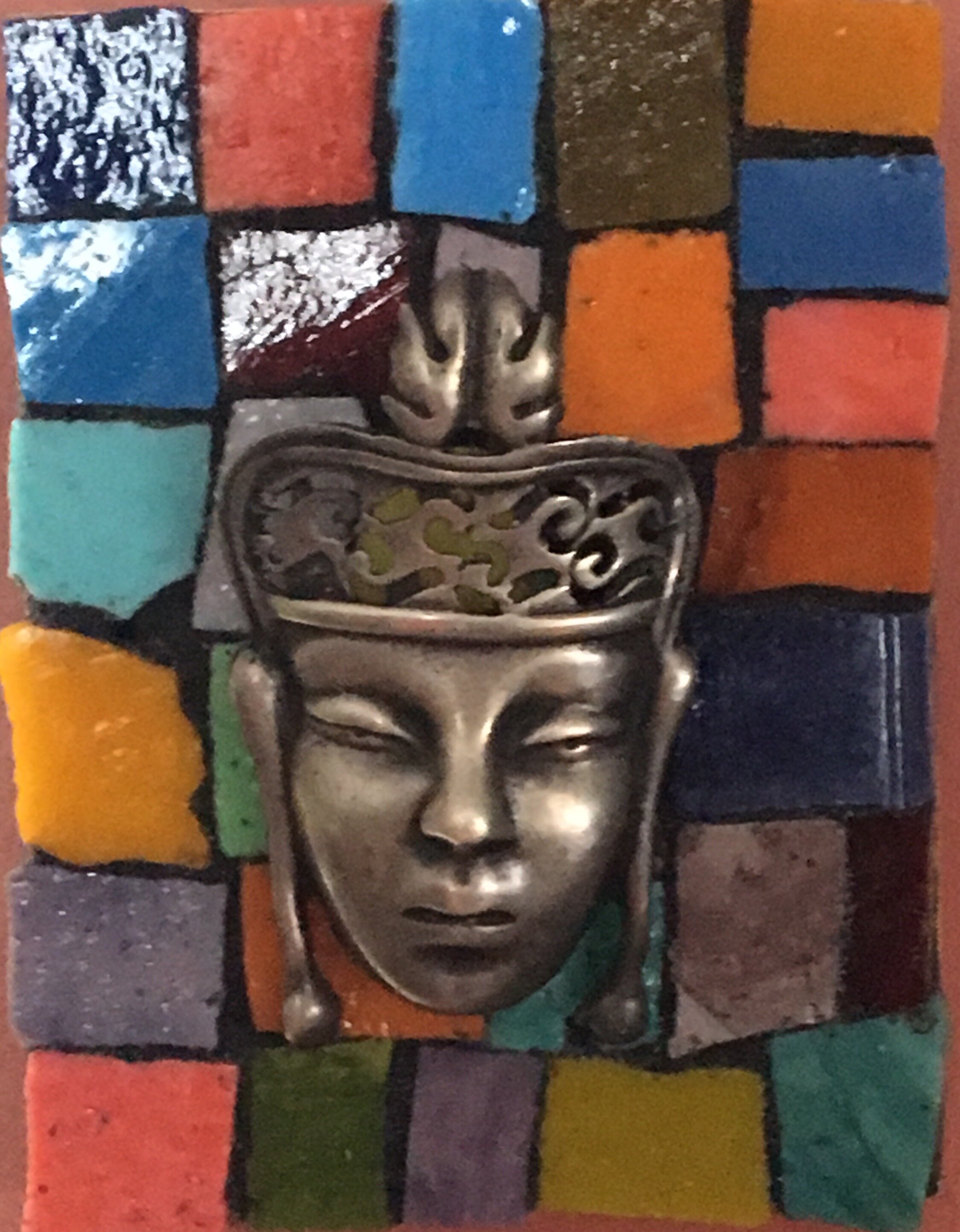"Mask " - vintage sterling silver brooch, smalti tiles on board