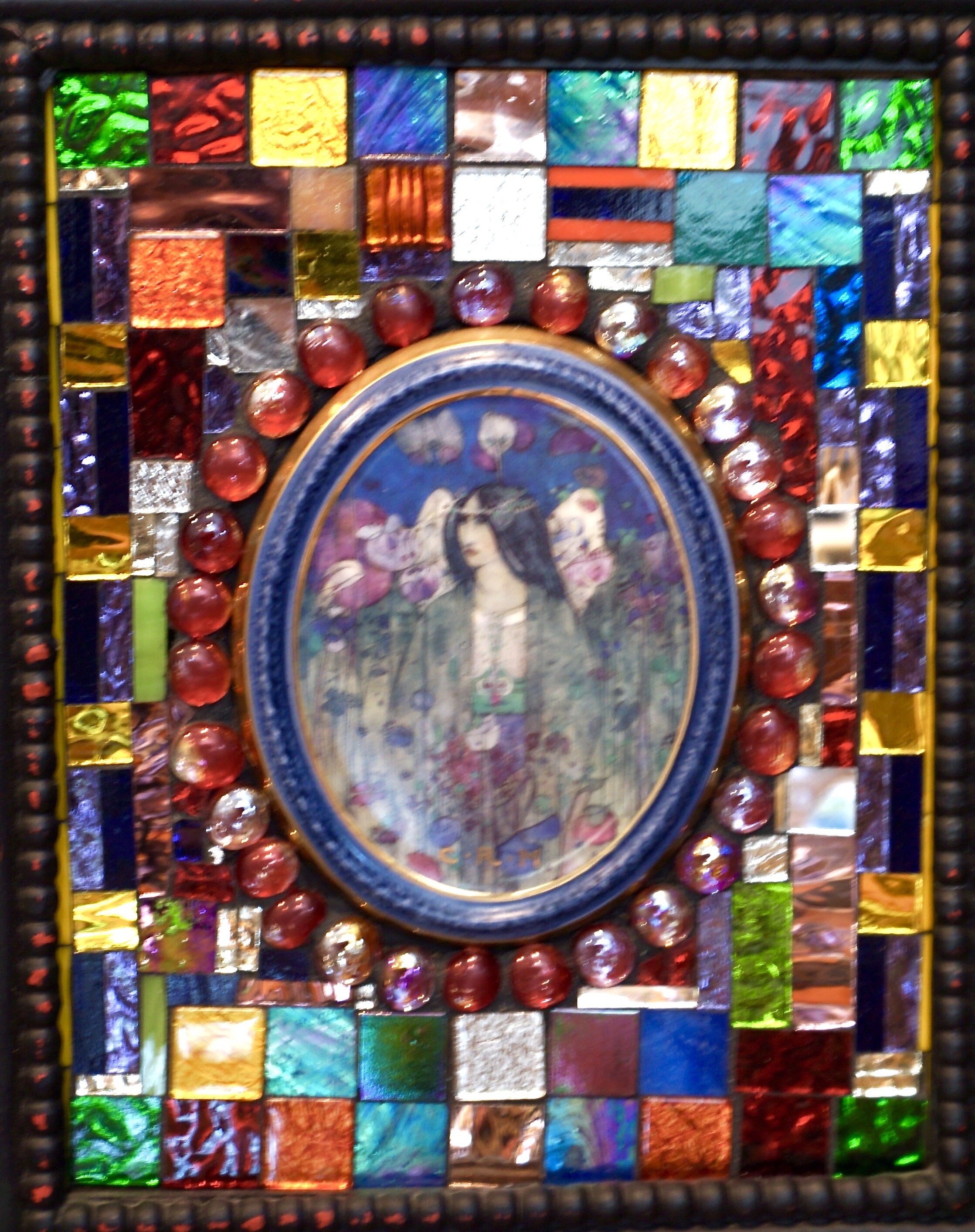 "Fairyland" - porcelain Rennie Mackintosh oval plate, glass tiles, flat glass marbles on board