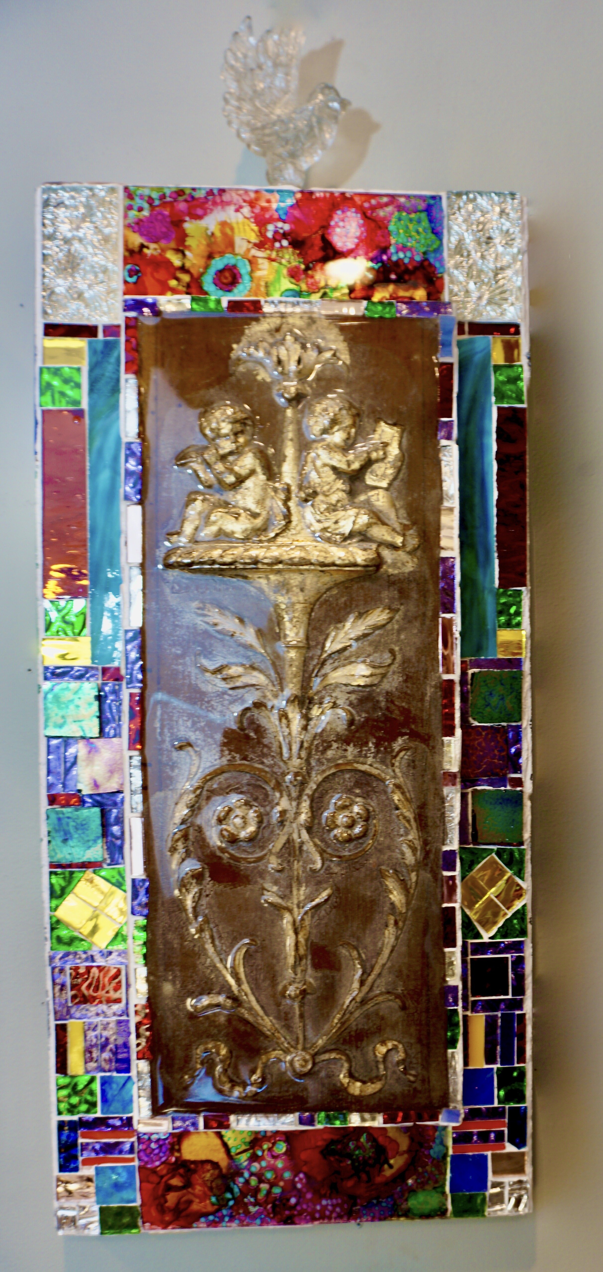 "Jardin" - antique wood and plaster relief panel, gold leaf, glass tiles, alcohol ink on glass, resin, glass bird bottle stop