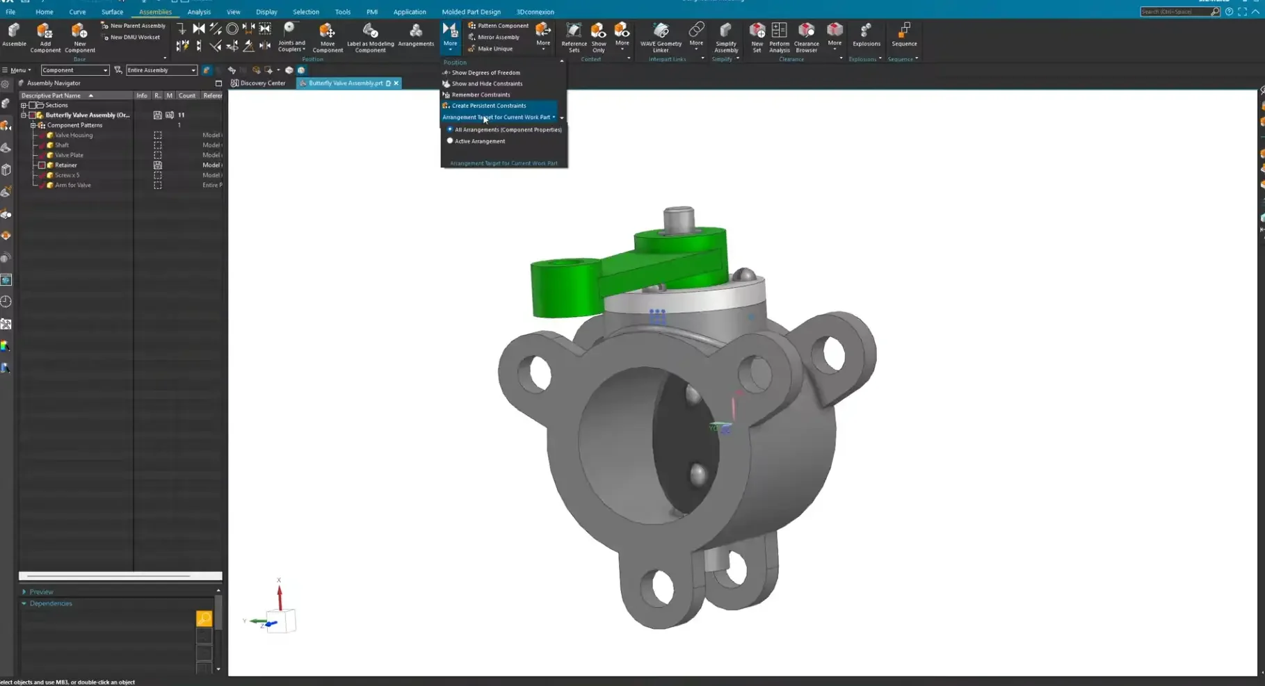 Expanding the Arrangement Target dropdown menu inside the Siemens NX Move Component command, with 'Apply to Active Arrangement' selected.