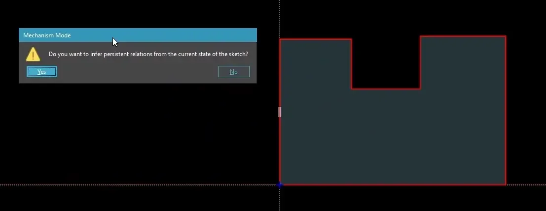 Activating Mechanism Mode inside Siemens NX 2506, displaying the confirmation dialog prompt asking to infer and lock non-persistent relations into persistent constraints.