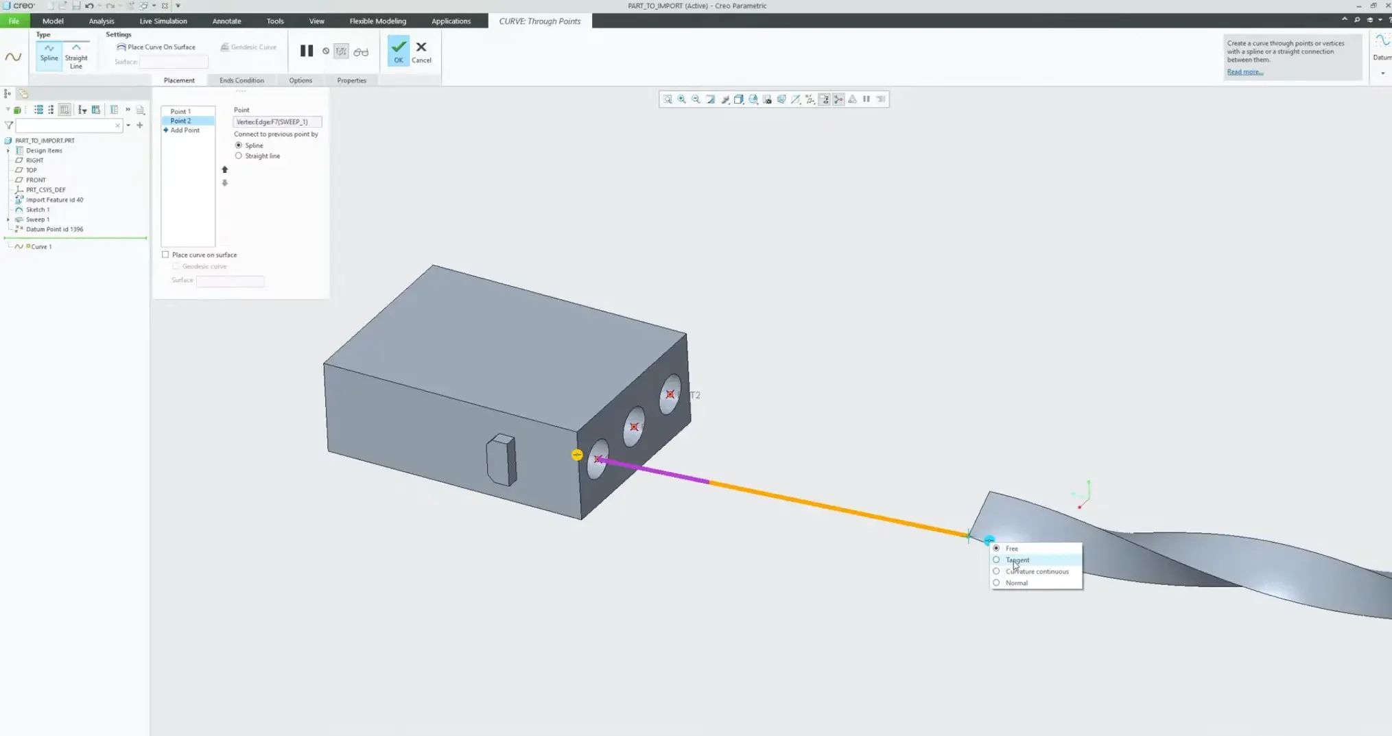 Using the Curve through Points tool in PTC Creo to map wire centerlines, setting end properties to tangent relative to the twisted guide body edge.
