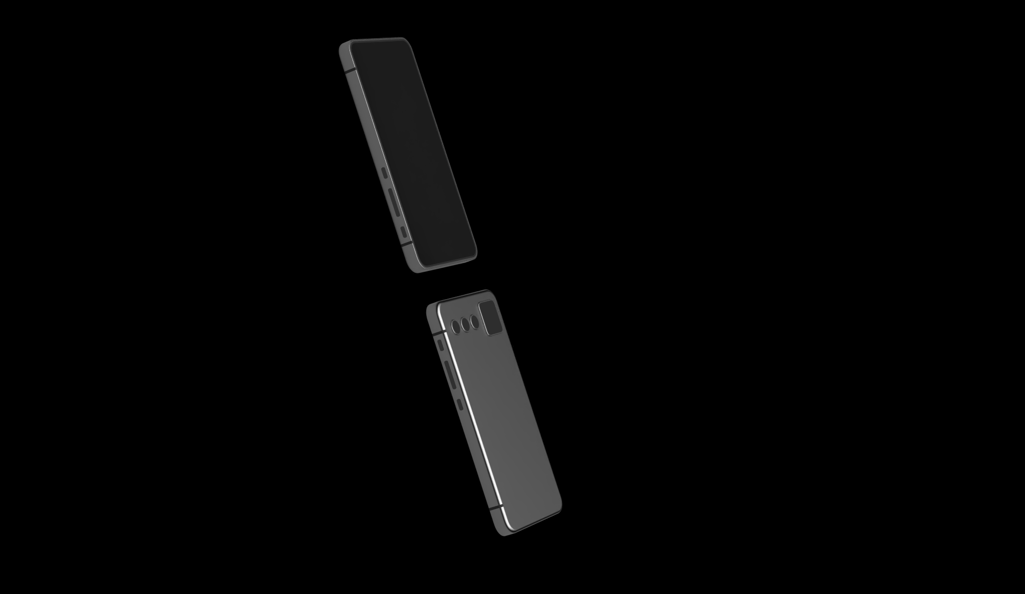 Two black smartphones floating in mid-air, one facing front and the other facing back, against a black background.
