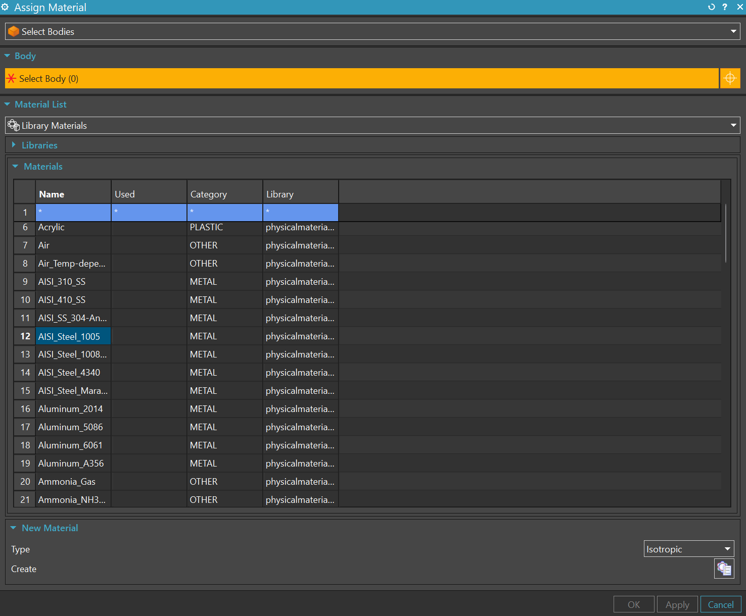 Siemens NX Assign Material dialog box showing the physical material library with selections for AISI Steel, Aluminum 6061, and engineering plastics for CAD mass property analysis.