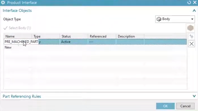 Siemens NX Product Interface dialog showing the selection of a body for assembly referencing and Part Referencing Rules in a master model workflow.