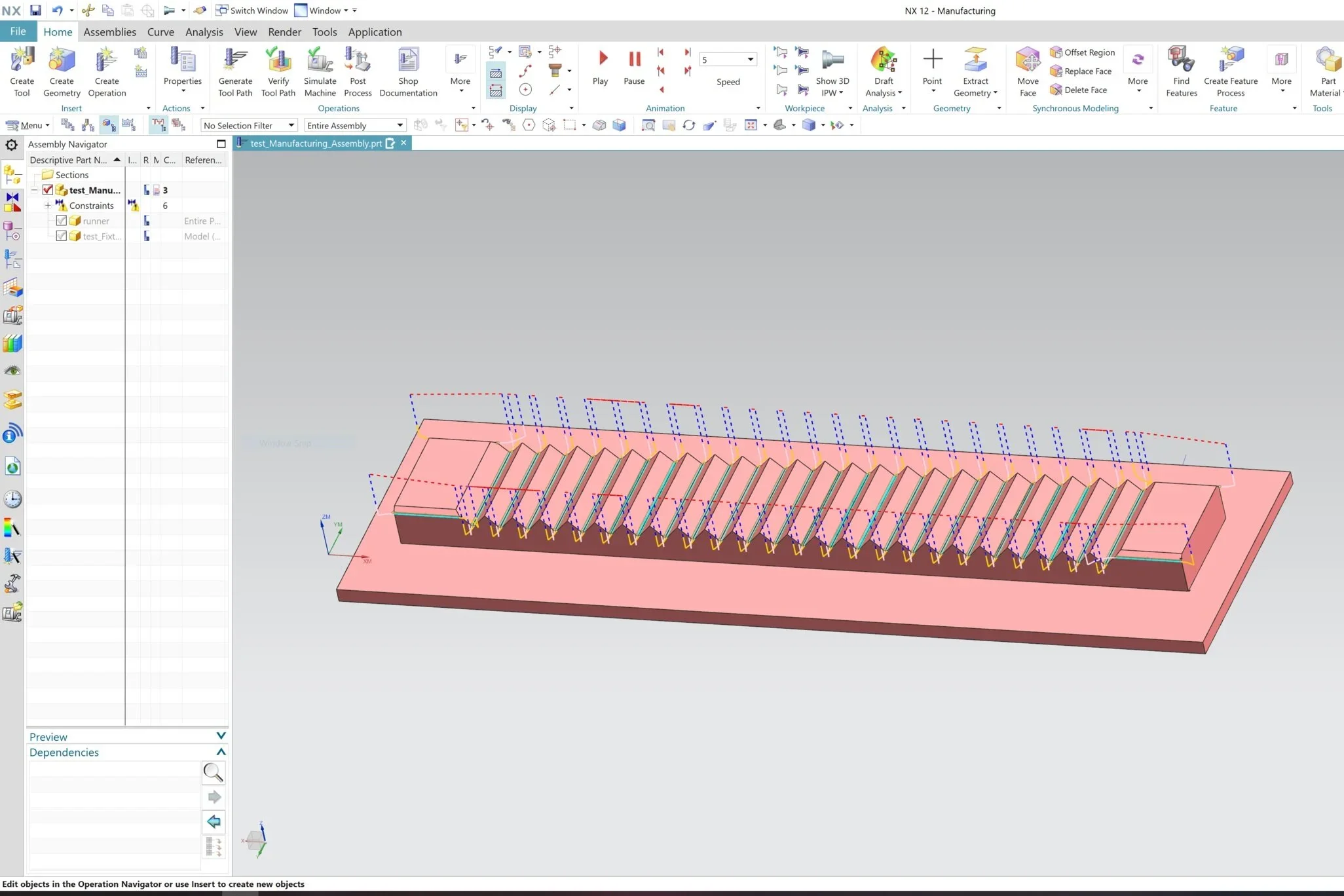 Advanced Siemens NX CAM programming example showing multi-axis toolpaths and manufacturing assembly navigator for industrial CNC training.