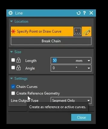 The properties settings panel for the line command inside Siemens NX 2506, displaying the checked option for Create Reference Geometry.