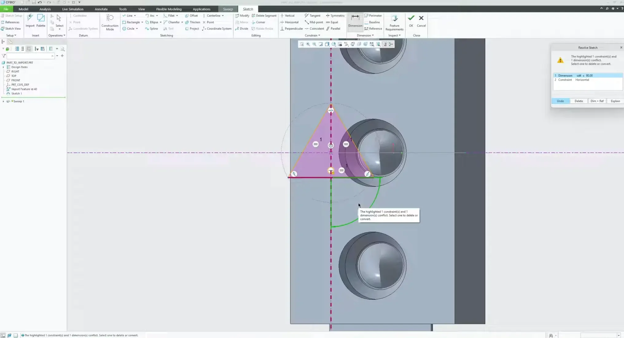 Modifying a three-sided triangle polygon inside PTC Creo Sketcher, deleting the automatic horizontal constraint and applying an explicit angular dimension string to drive rotation.