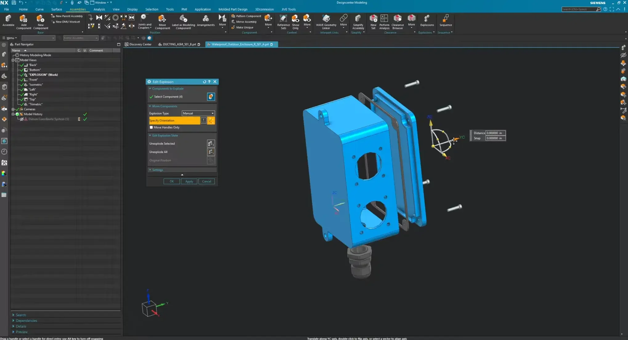 Using the Manual Explosion type and Specify Orientation coordinate handle triad in Siemens NX to adjust screw clearance distances.