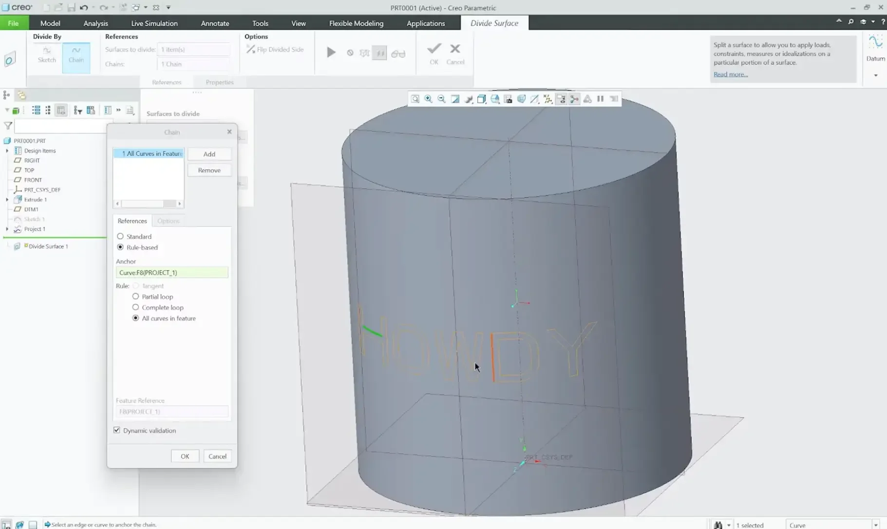 Utilizing the Divide Surface command and Details dialog menu in PTC Creo to run a rule-based selection on all curves in the projected feature.