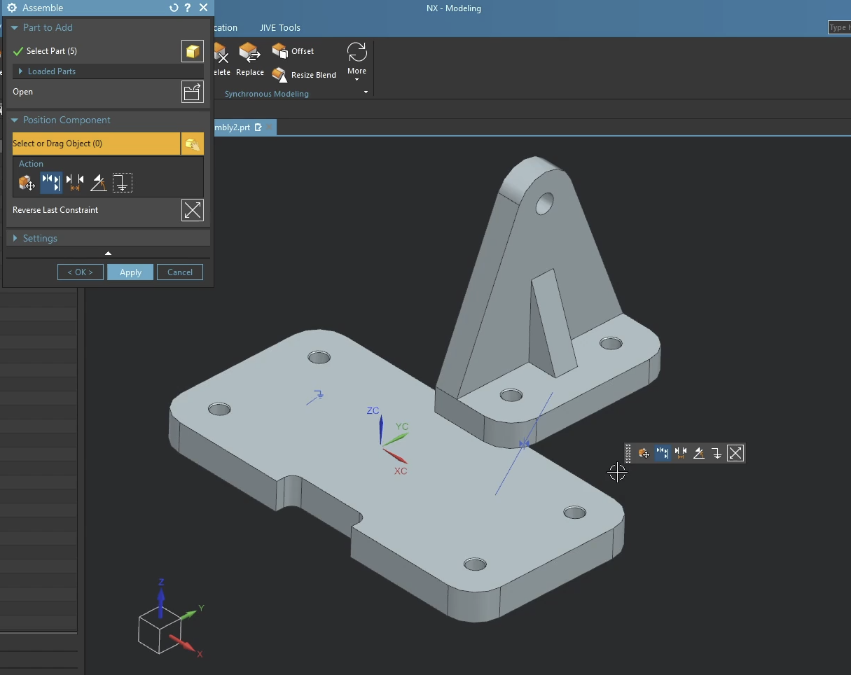 The result of a Touch-Align constraint in the NX Assemble tool, bringing the bracket into contact with the base plate while maintaining degrees of freedom for sliding.