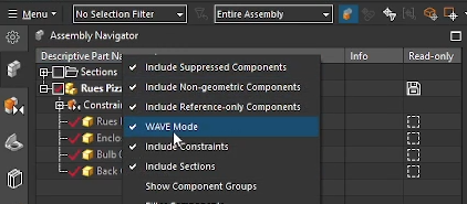 Activating WAVE Mode in the Siemens NX Assembly Navigator to enable inter-part geometry linking and top-down design workflows.