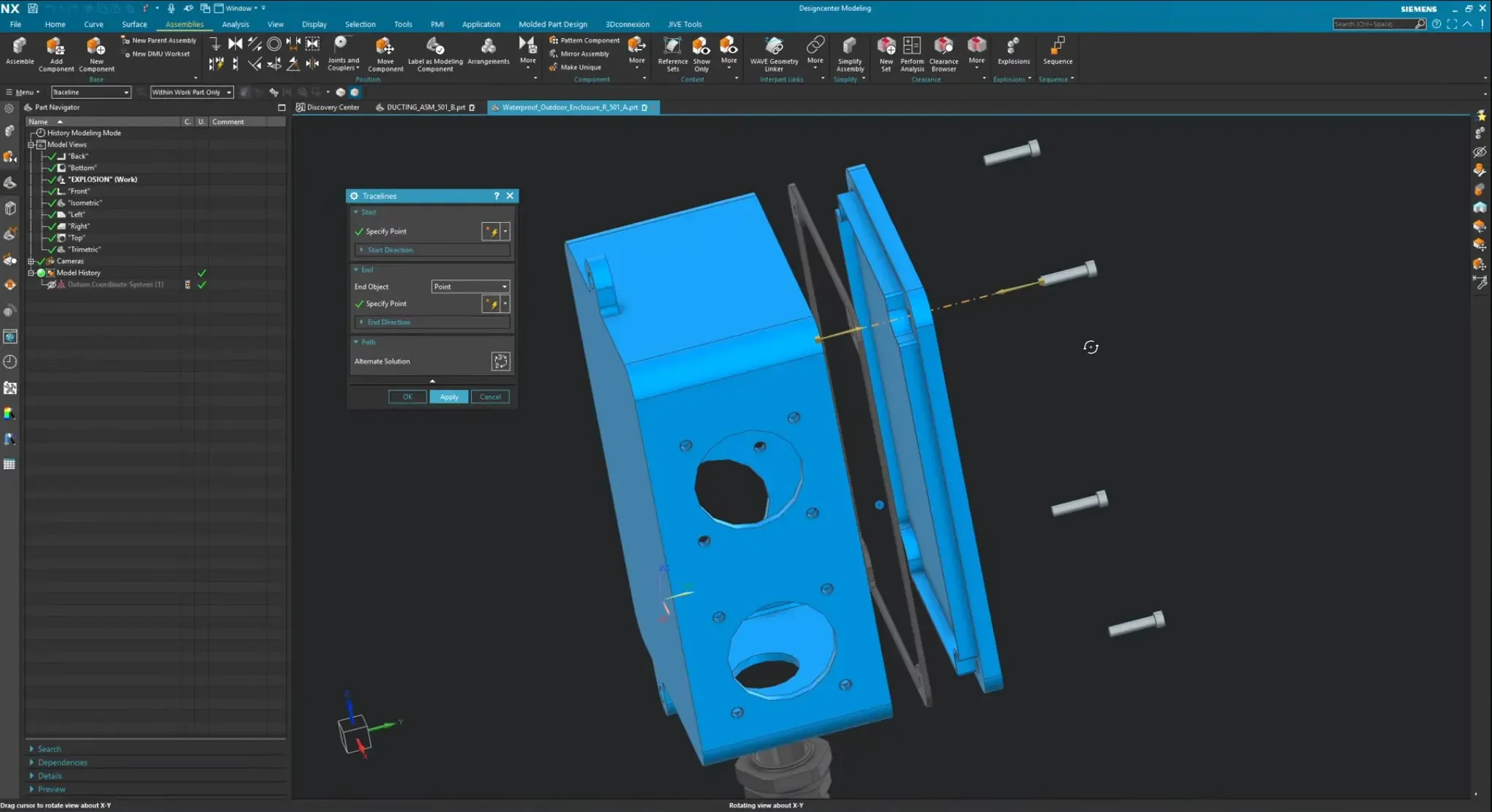 Selecting center point references with the Create Trace Line tool in Siemens NX to connect an exploded screw down to its mounting hole.