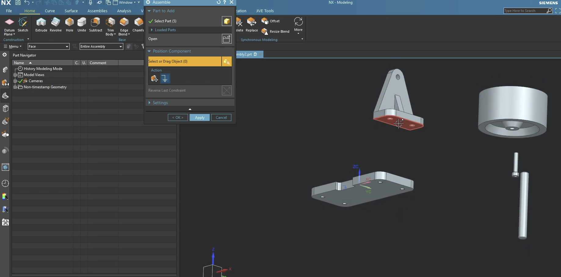 Selecting the bottom face of a caster bracket in Siemens NX to begin the mating process with the fixed base plate.