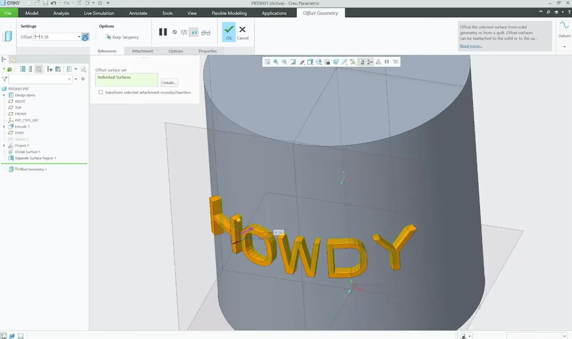 Applying the Flexible Modeling Offset command in PTC Creo to push text outward normal to the curved surface face for a clean embossing effect.