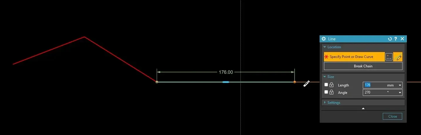 Drawing a continuous string of segments with the new Line tool in Siemens NX 2506, showing the on-screen right-click context menu option to break chain.