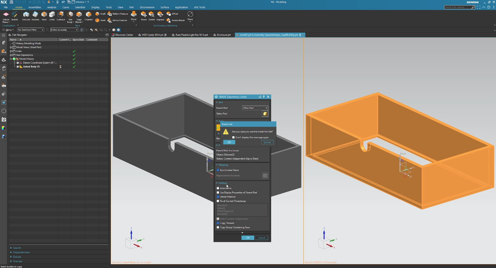 Breaking the associative link in the Siemens NX WAVE Geometry Linker dialog to convert a dynamic linked body into a static 'dumb' solid.