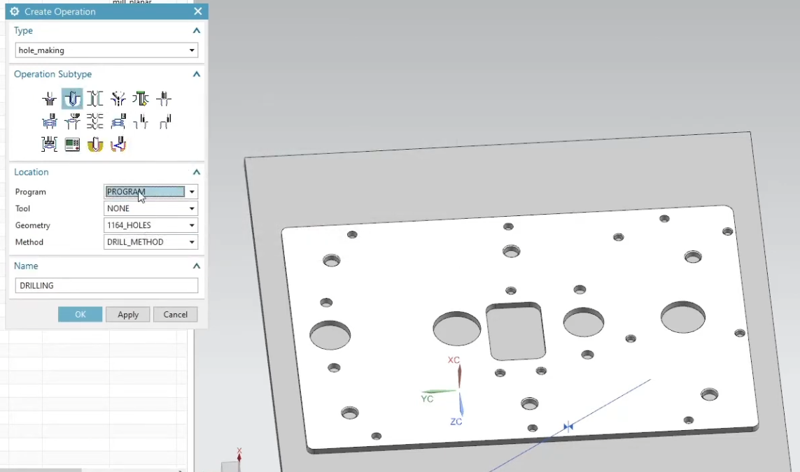 The Create Operation dialog in Siemens NX CAM, configuring a new 'hole_making' drilling cycle assigned to the 'DRILL_METHOD' and '1164_HOLES' geometry group.
