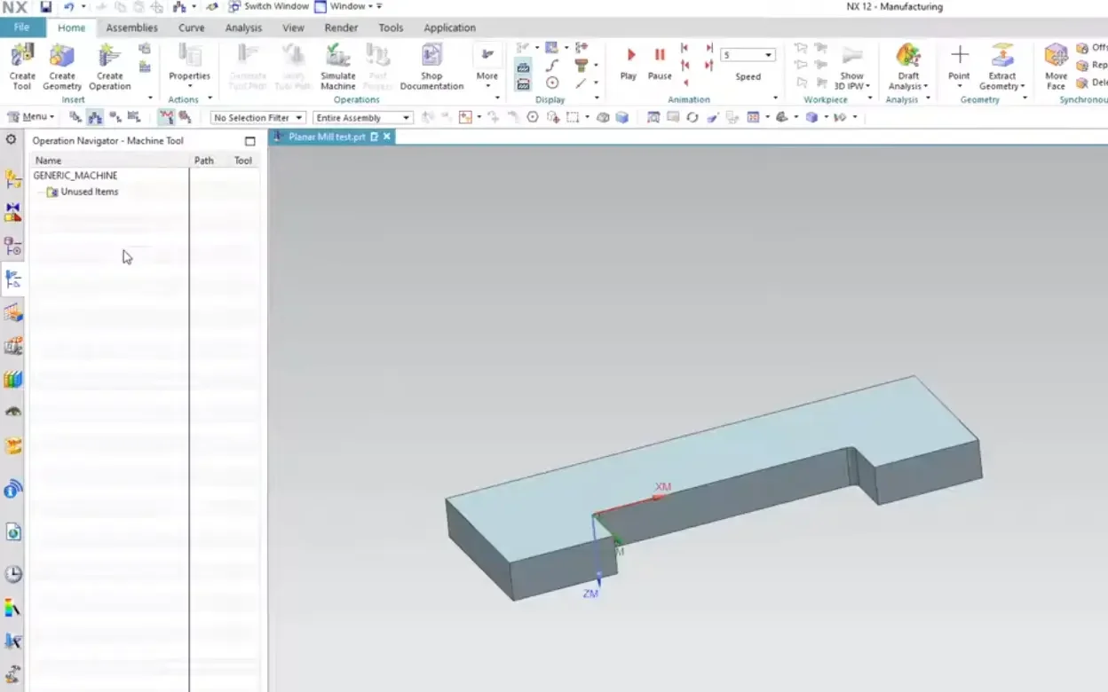 Navigating the Machine Tool View within the Siemens NX 12 Operation Navigator sidebar, displaying the GENERIC_MACHINE structure.