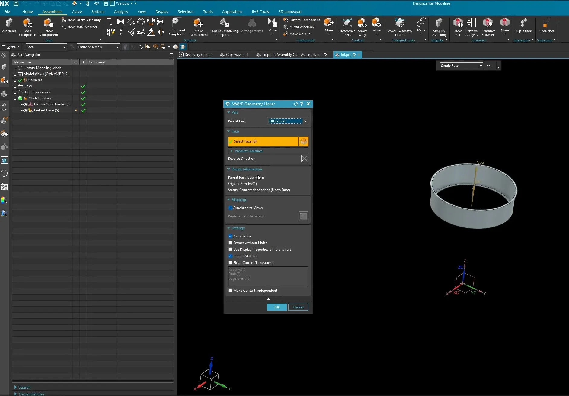 Opening the child part file in a new window within Siemens NX, highlighting the newly generated Linked Face feature inside the history modeling Part Navigator.