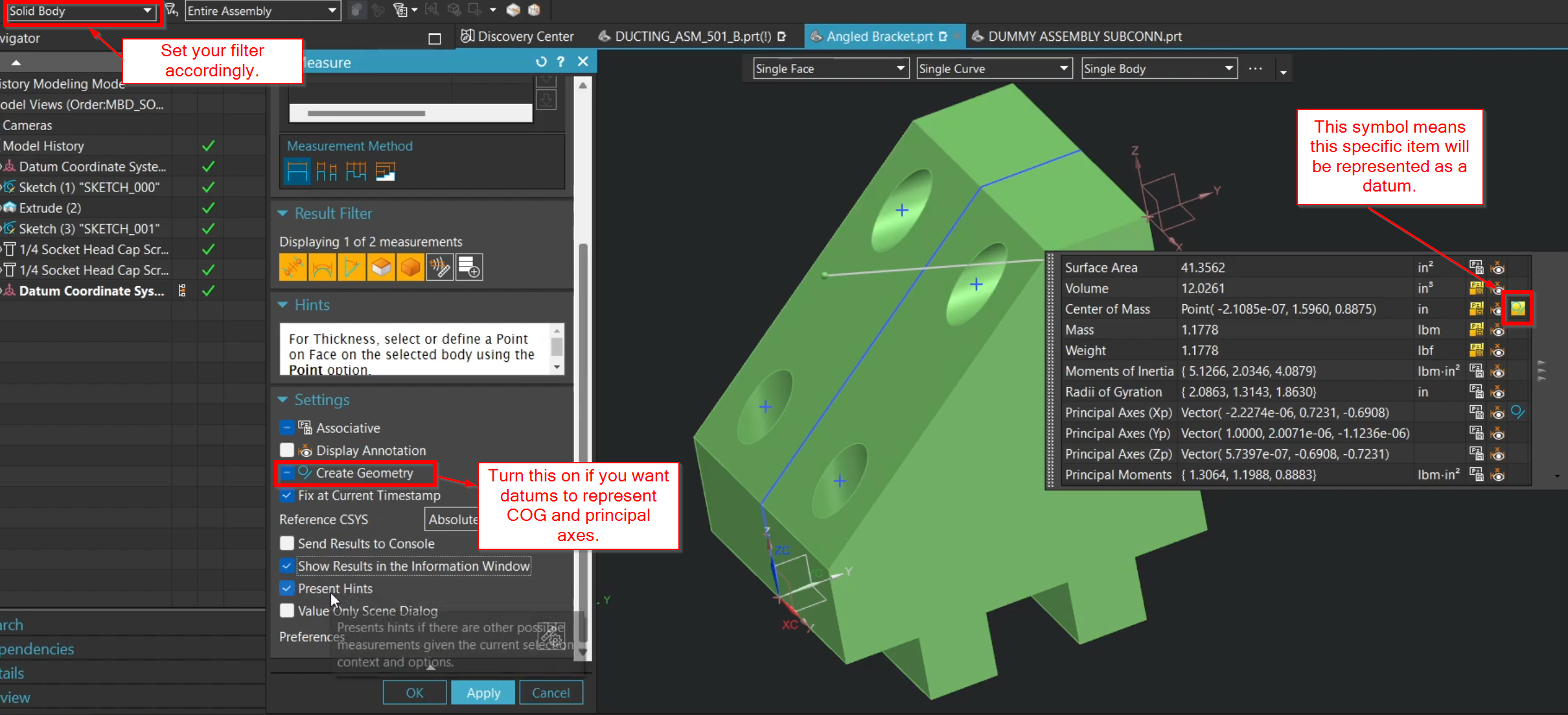 How to represent Center of Gravity (COG) as a datum in Siemens NX: Using the 'Create Geometry' setting in the Measure tool to generate associative points and axes for assembly balance.