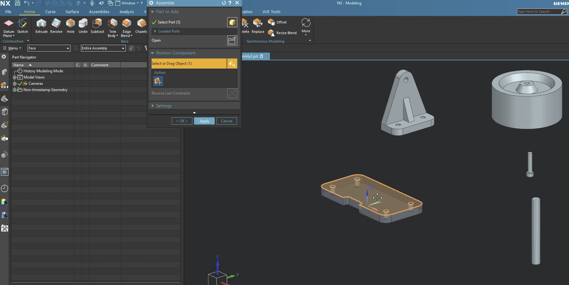 Importing multiple caster assembly components into the NX graphics window using the Assemble command for initial positioning.