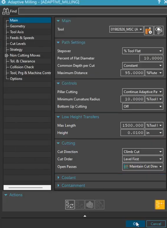 Adjusting Adaptive Milling parameters in NX CAM, including 10% stepover, pillar cutting, and high-speed machining (HSM) transfer settings.
