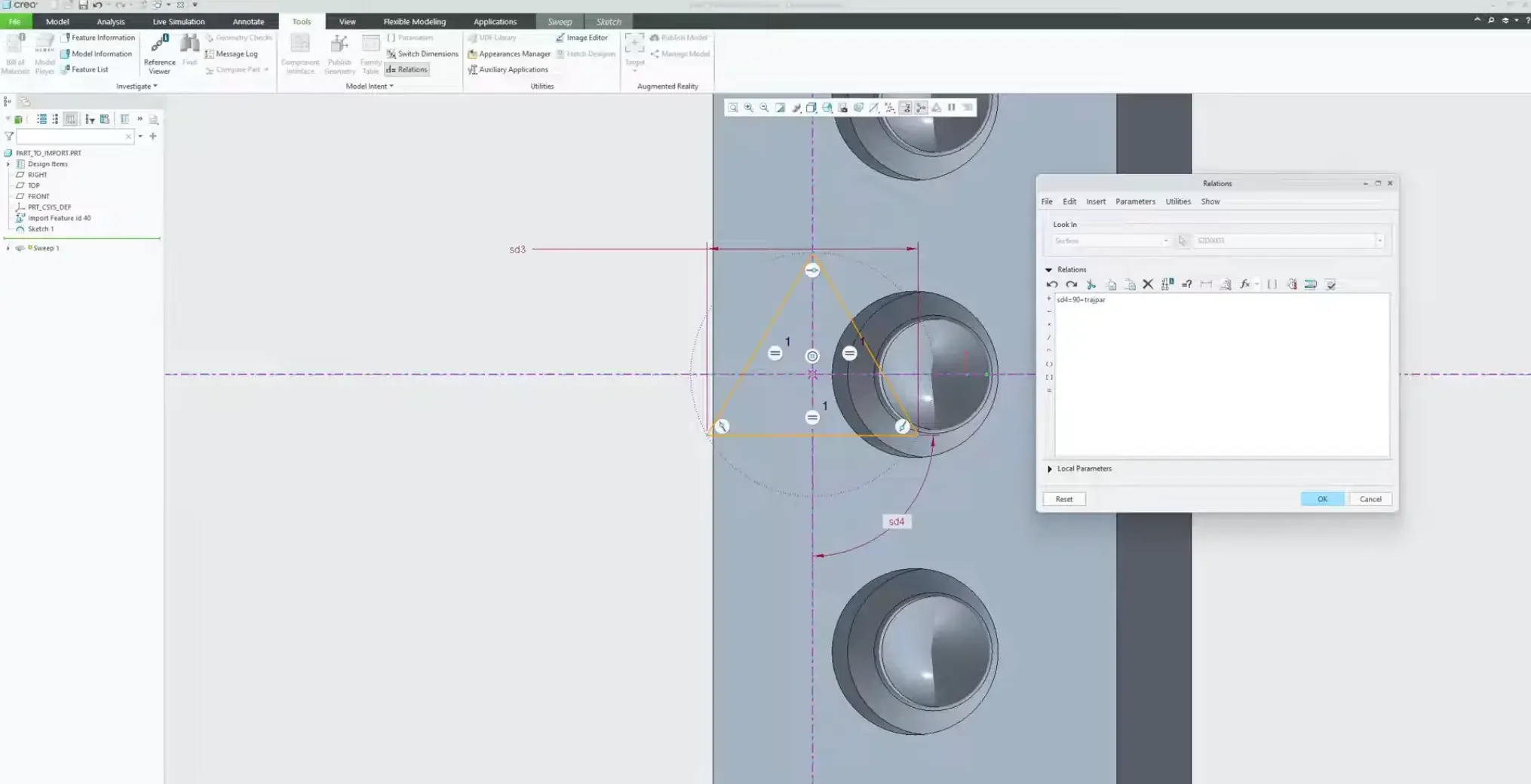 The Relations dialog box in PTC Creo Parametric, detailing the trajpar mathematical equation applied to the dimension ID to automate a 360-degree rotational pitch sweep.