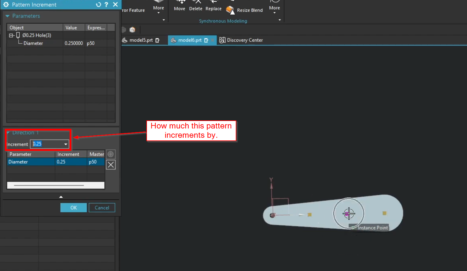 Using Pattern Increment in Siemens NX to automate feature changes: A tutorial on incrementing hole diameters and spacing using the Pattern Feature command for intelligent modeling.