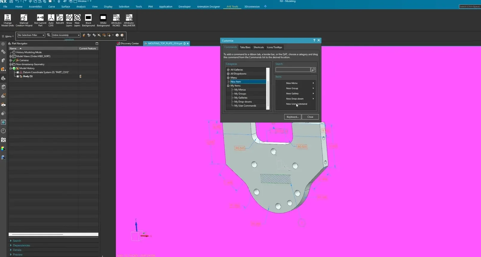 Dragging a New User Command item from the Customize menu onto a custom Jive Tools ribbon tab in Siemens NX.