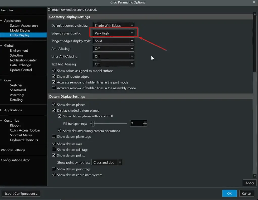 Configuring the Entity Display tab in PTC Creo, bumping the edge display quality to Very High and adjusting the datum display settings for rendering smooth 3D geometry.