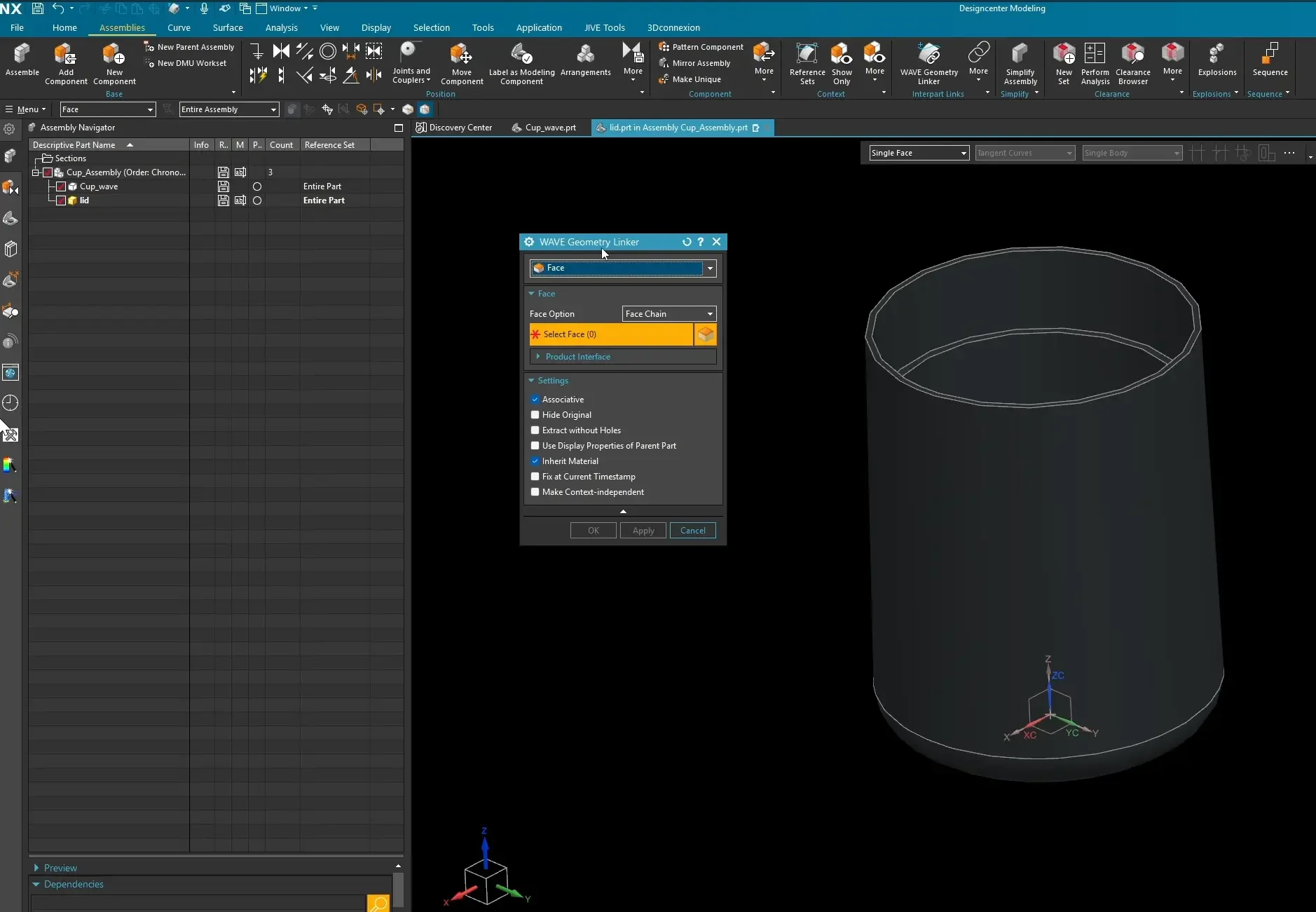The WAVE Geometry Linker dialog box in Siemens NX configuration settings, with the selection filter set to Face Chain and the Associative checkbox enabled.