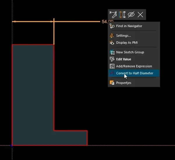 Right-clicking an active sketch dimension string in Siemens NX 2506 to select the Convert to Half Diameter option for model driven drawing parameters.