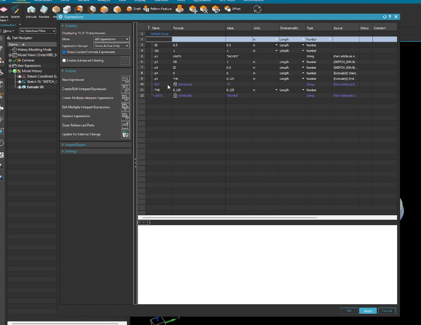 The Siemens NX Expressions dialog showing the definition of user parameters like ID, OD, and THK used to drive parametric part geometry.