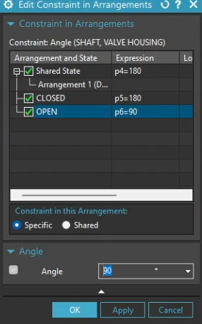 Applying a 90-degree specific angle value to the 'OPEN' arrangement in the NX 'Edit Constraint in Arrangements' dialog.