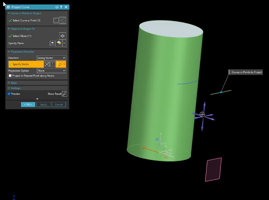 Using the Project Curve command in Siemens NX to map 2D sketch geometry onto a 3D cylindrical face along a specified vector.