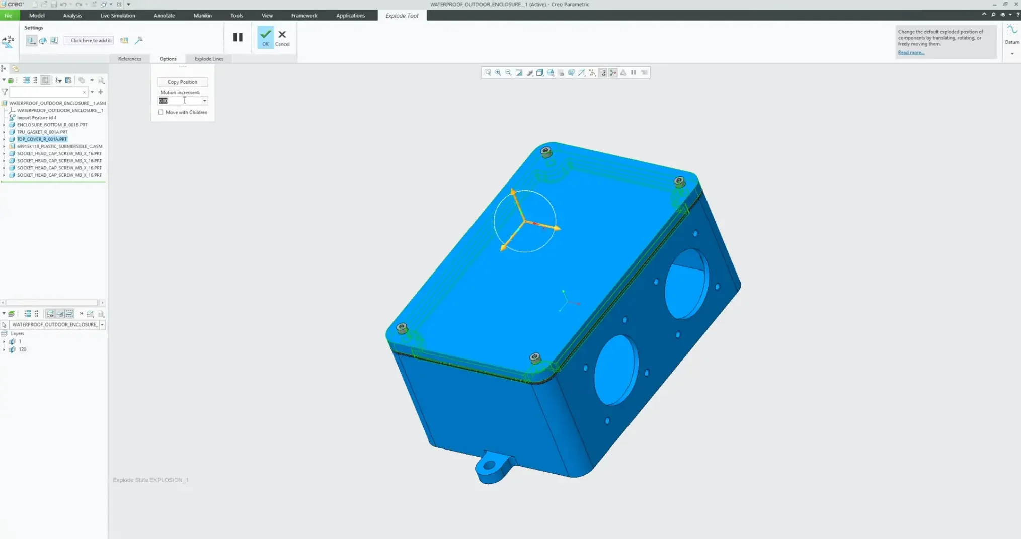 Using the translation handle triad to displace parts manually while setting a precise numeric value inside the dashboard Motion Increment options menu.