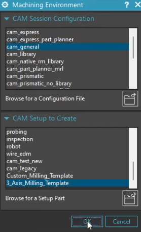 Finalizing the CAM session configuration in Siemens NX by confirming the selection of the custom 3-axis milling template under the Machining Environment settings.