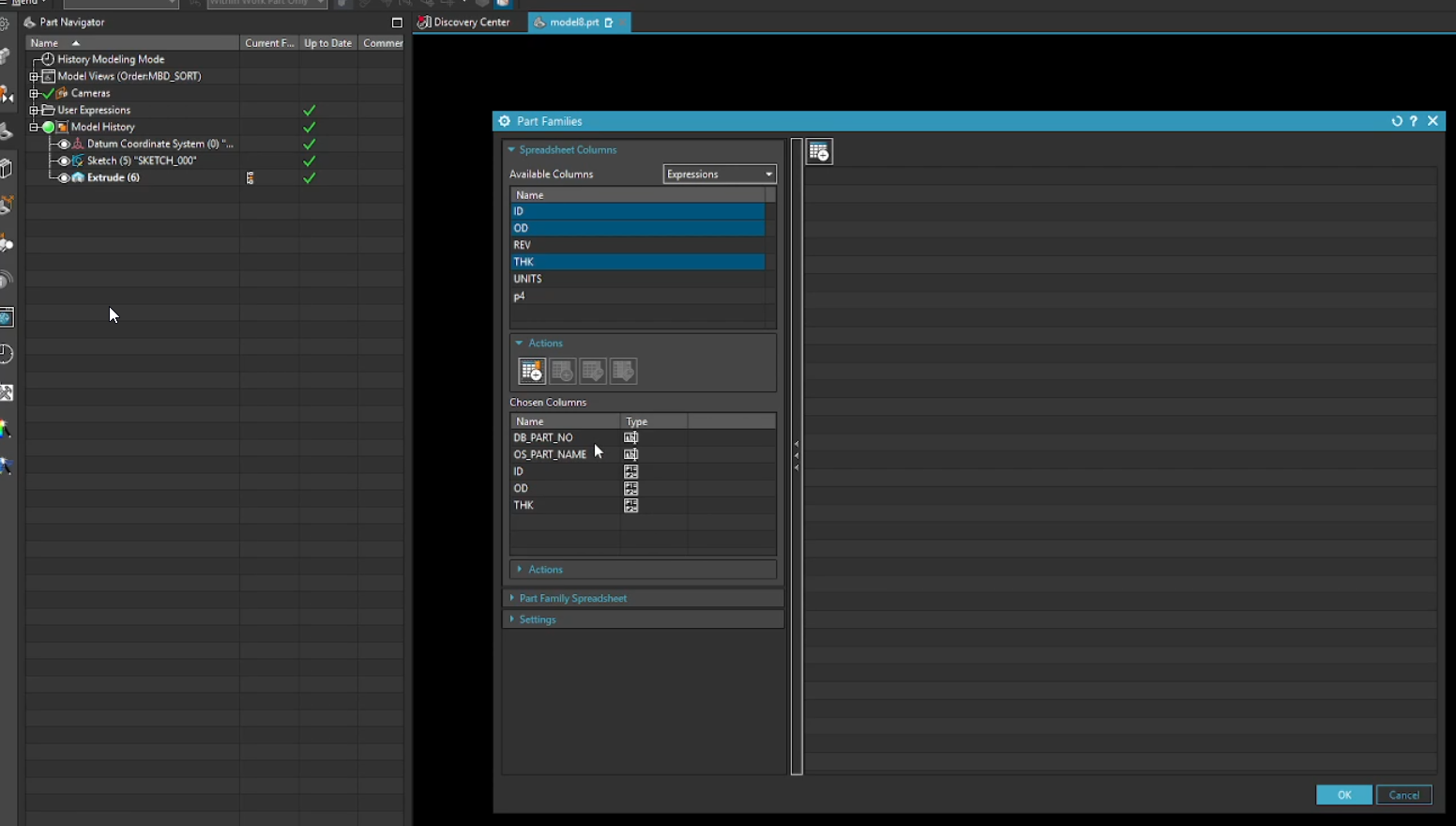 Selecting specific expressions in the Siemens NX Part Families dialog to serve as the defining columns for a new part library.